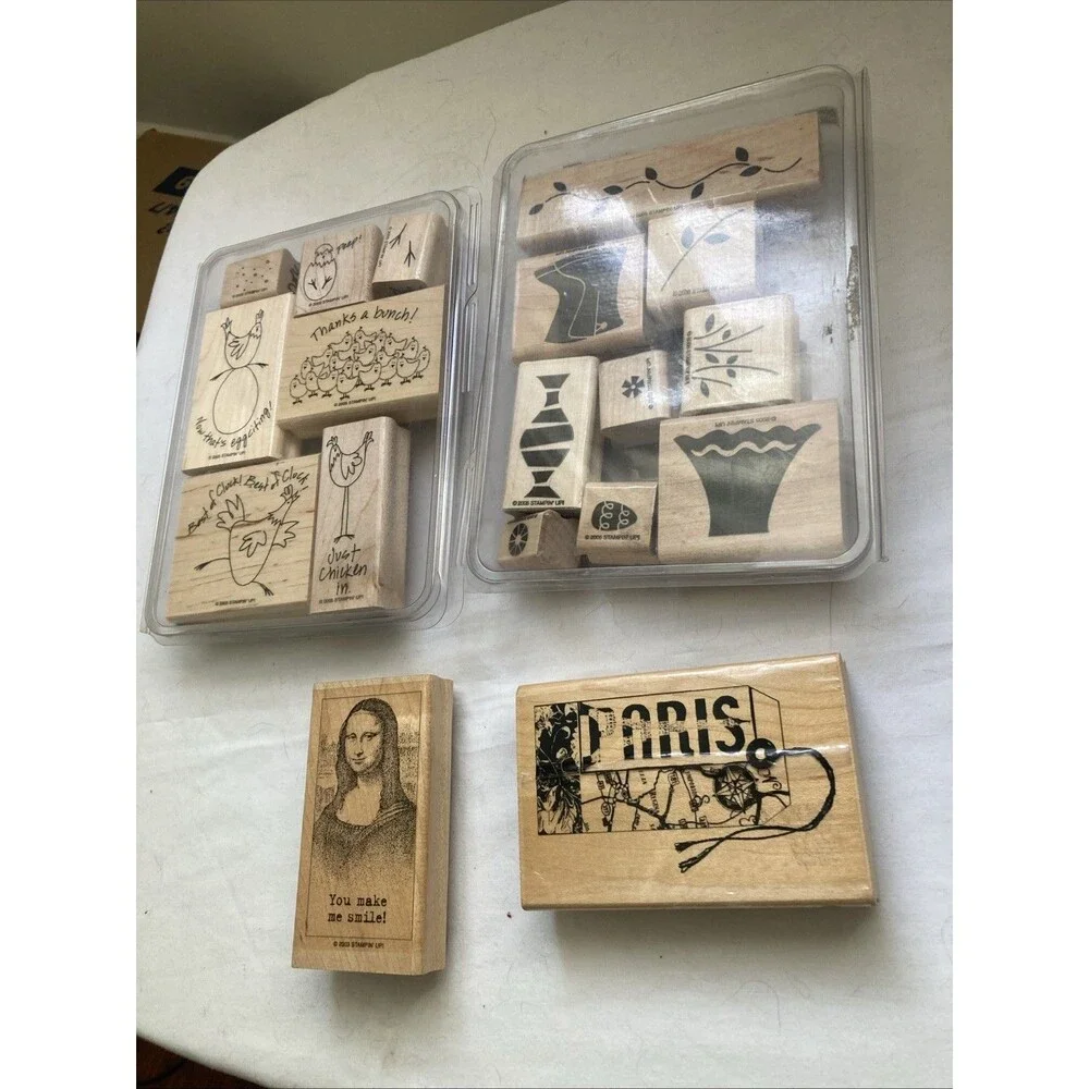 STAMPIN UP & Inkadinkado 18 RUBBER STAMPS New Paris Mona Lisa Chickens Candy